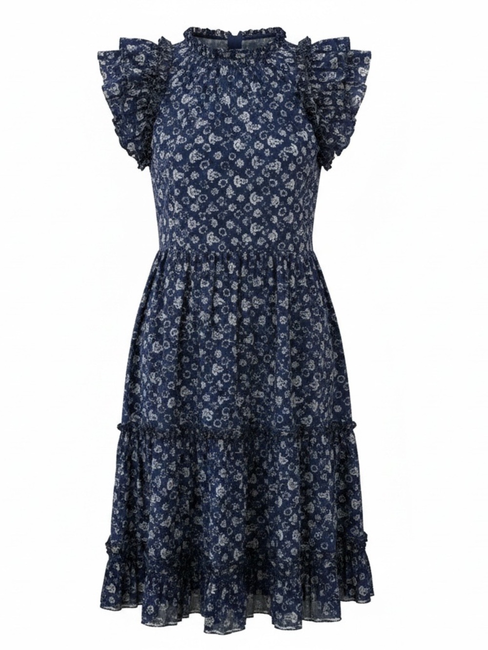 Ulla Johnson Blue Floral Ruffle Midi Dress Size 4 Boho Cotton EUC Cottagecore - Picture 8 of 9